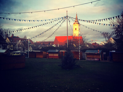 Blick auf die Stadtpfarrkirche Sankt Barbara vom Schlossgarten